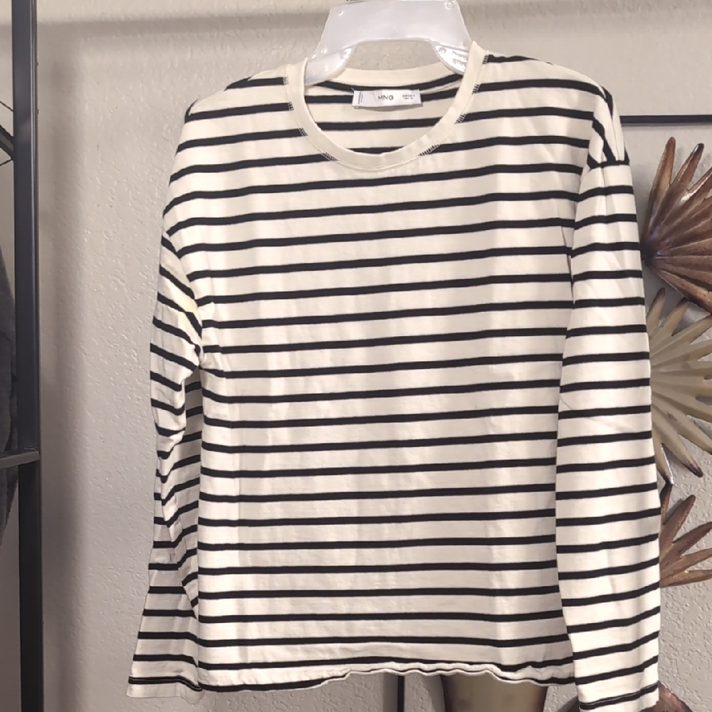 Mango Black and White Striped Long Sleeve Tee